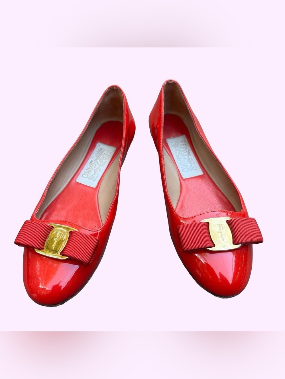 Salvatore Ferragamo Red Patent Vara Bow Flats with Gold Hardware